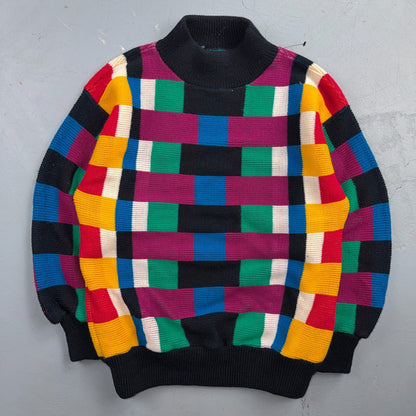 VTG Flyer Sportswear Color Block Knit Sweater Geometric Mock Neck Made USA