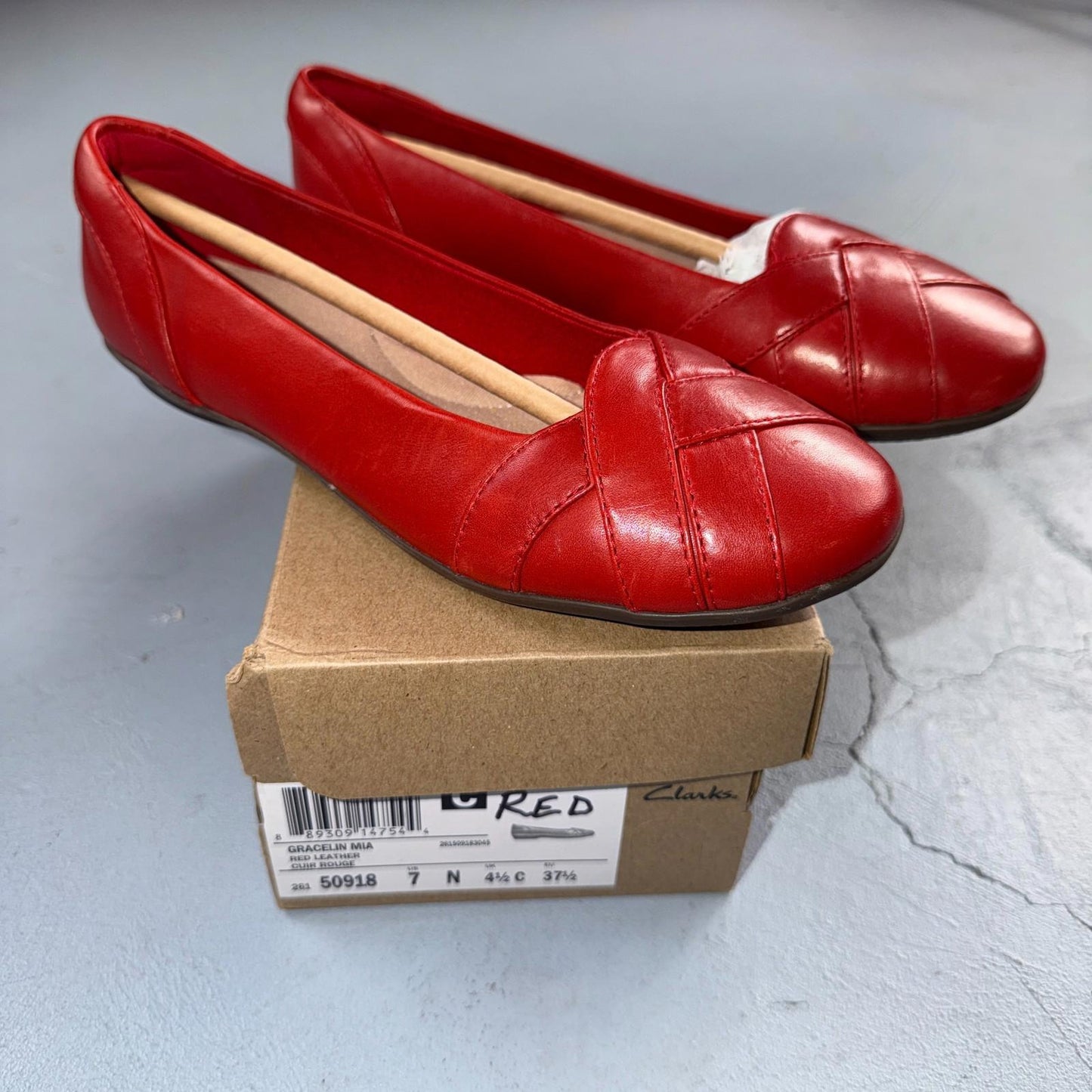 Womens Size 7 Clarks Gracelin Mia Woven Leather Ballet Flat Cognac Red