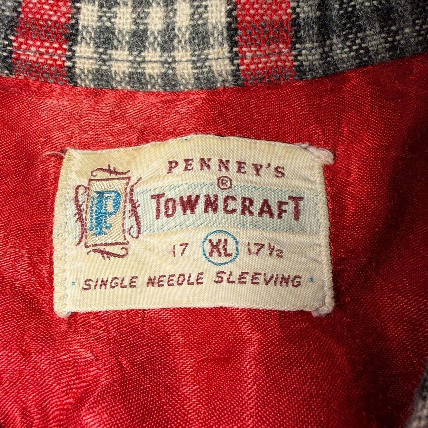 VTG XL 50s Penneys Shirt Red Plaid Wool Button Loop Collar Rockabilly 1950s Gray