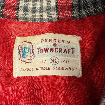 VTG XL 50s Penneys Shirt Red Plaid Wool Button Loop Collar Rockabilly 1950s Gray