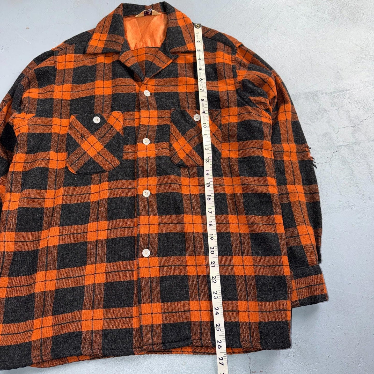 VTG 50s Fruit of Loom Shirt Orange Plaid Wool Button Loop Collar Rockabilly 1950
