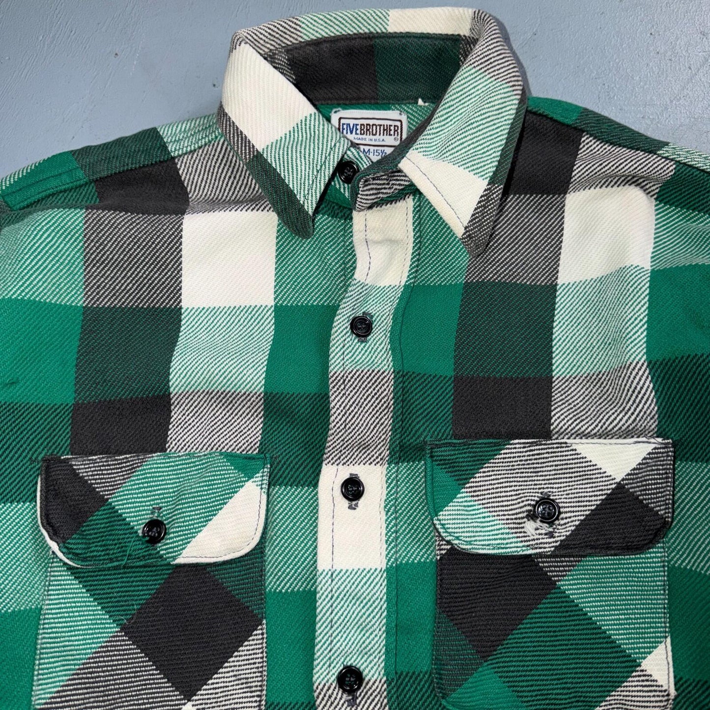 VTG Five Brother Shirt Mens M Shadow Plaid Flannel USA Green 1980s 80s Black