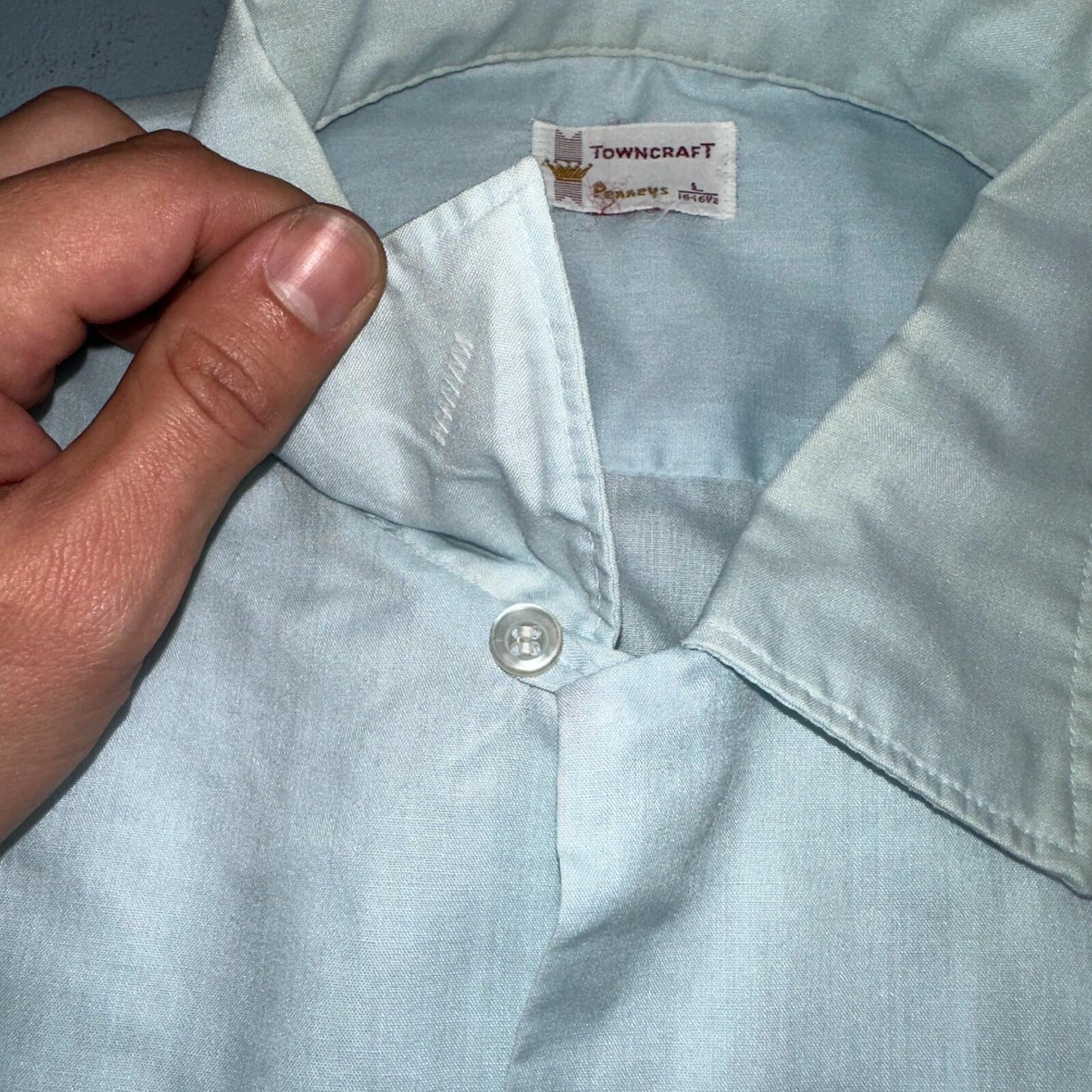 Vtg 50s 60s Penneys Towncraft Loop Collar Shirt Mens L Blue Simple Light Camp