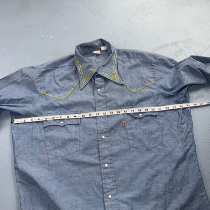VTG 70s Levis Chambray Western Shirt Embroidered Pearl Snap Rockabilly Orange Ta