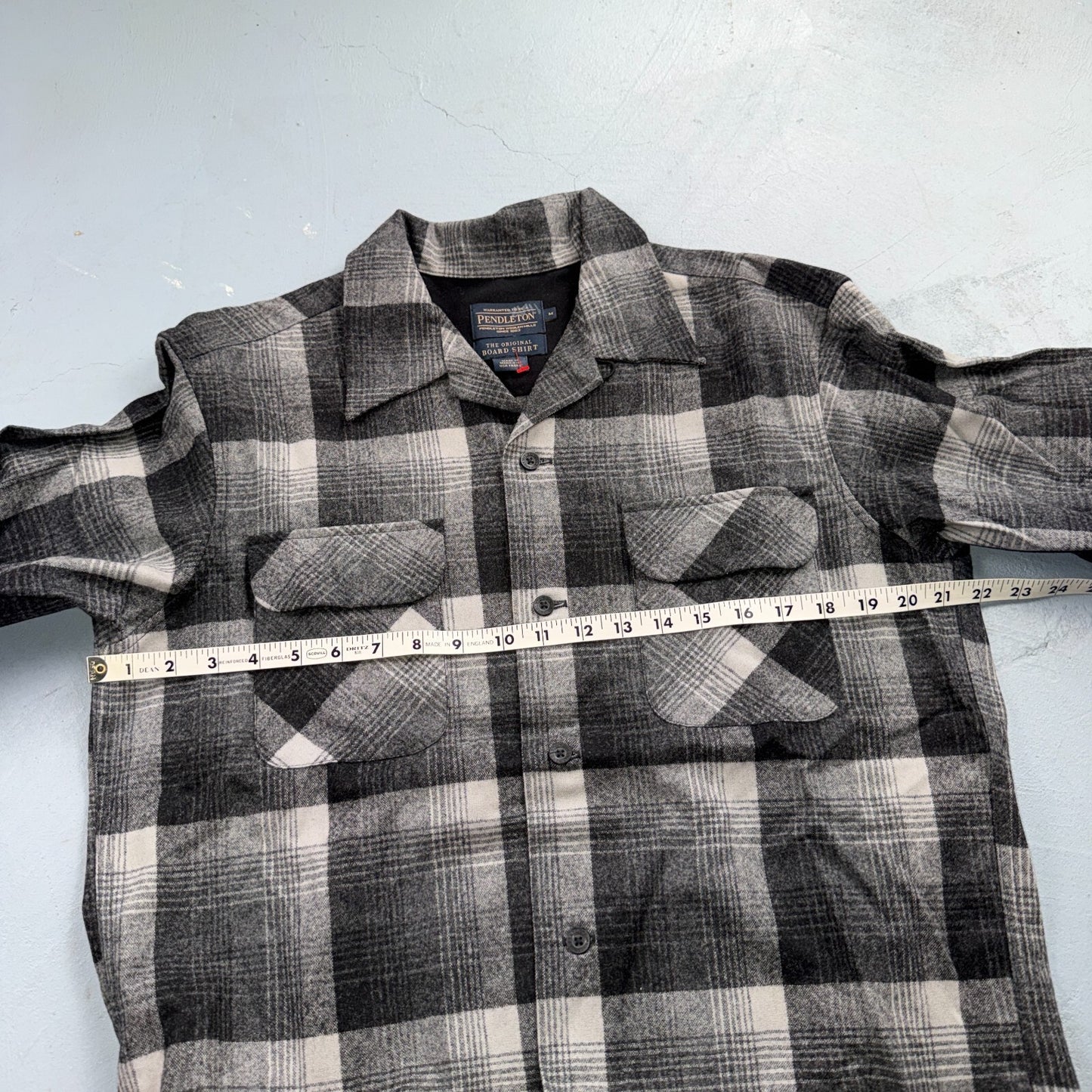 Pendleton Board Shirt Gray Black Plaid Wool Flannel USA Fabric Loop Collar M