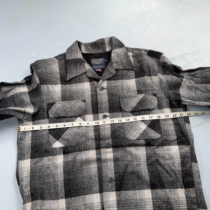 Pendleton Board Shirt Gray Black Plaid Wool Flannel USA Fabric Loop Collar M