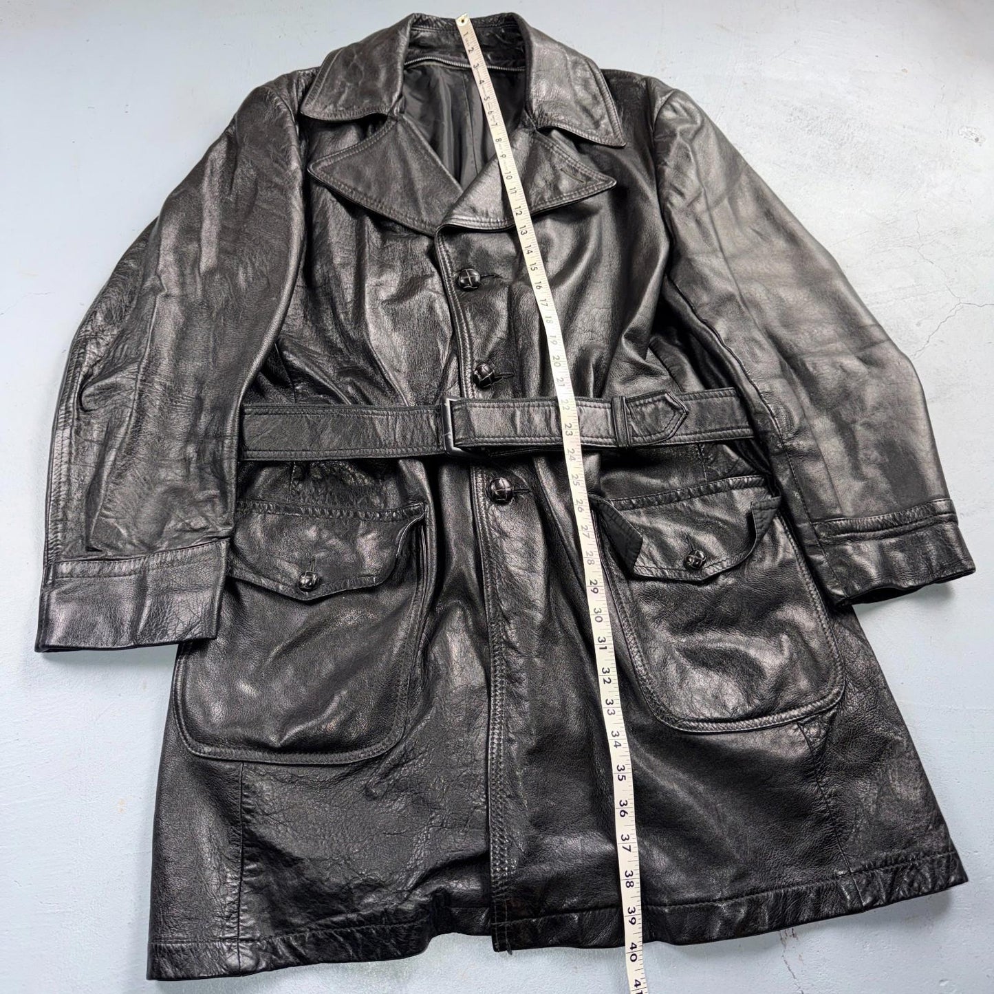 VTG Mens Long Length Vintage Leather Military Duster UNLined Rockabilly 60s Belt