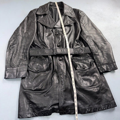VTG Mens Long Length Vintage Leather Military Duster UNLined Rockabilly 60s Belt