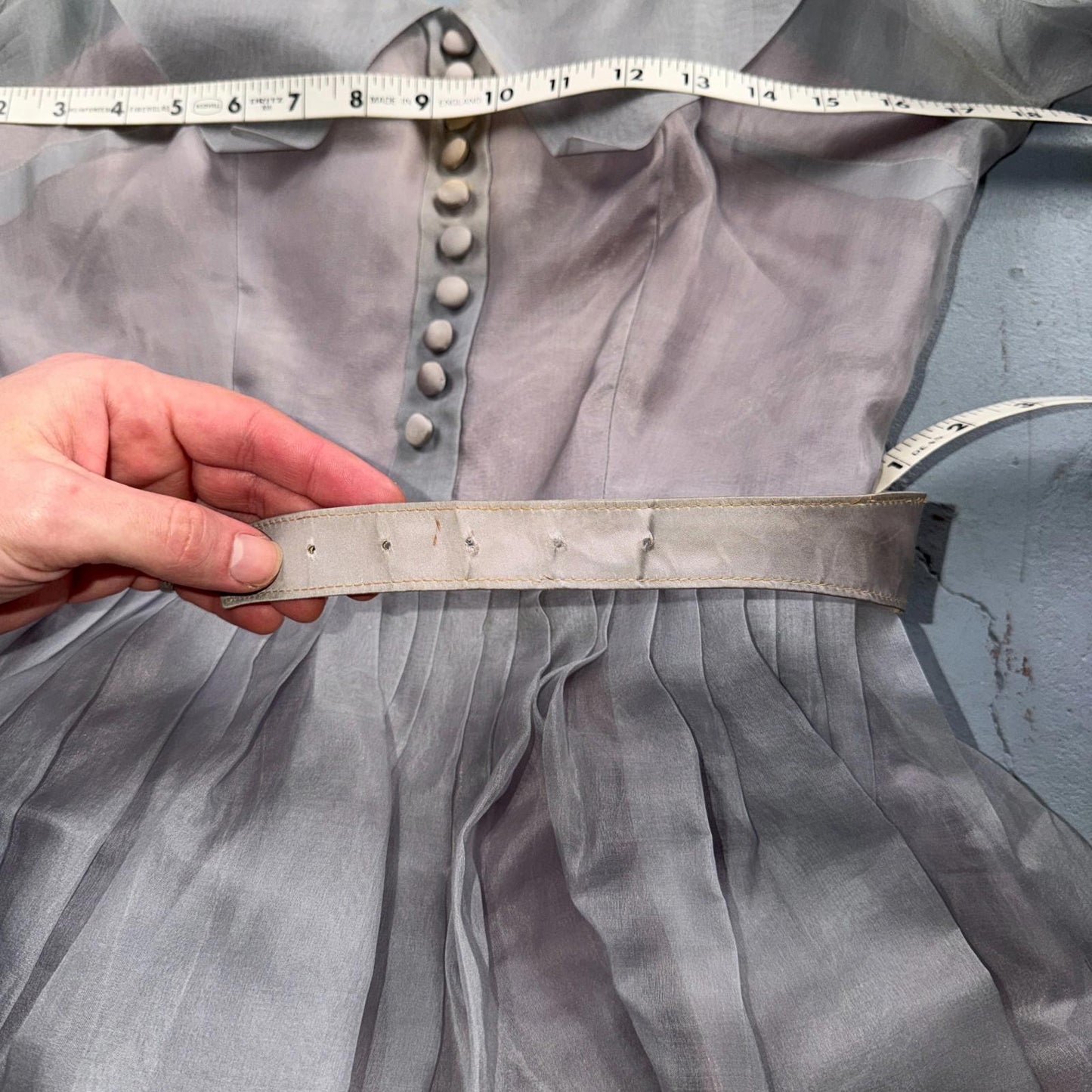 VTG 1950s Sheer Organza Dress Mauve Gray Full Skirt Union Made Party 50s Belted