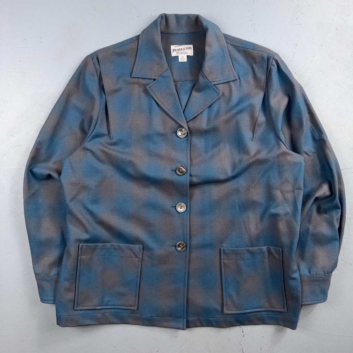 VTG Pendleton Womens Blue Blazer 100% Virgin Wool Shadow Plaid 49er Button Shirt