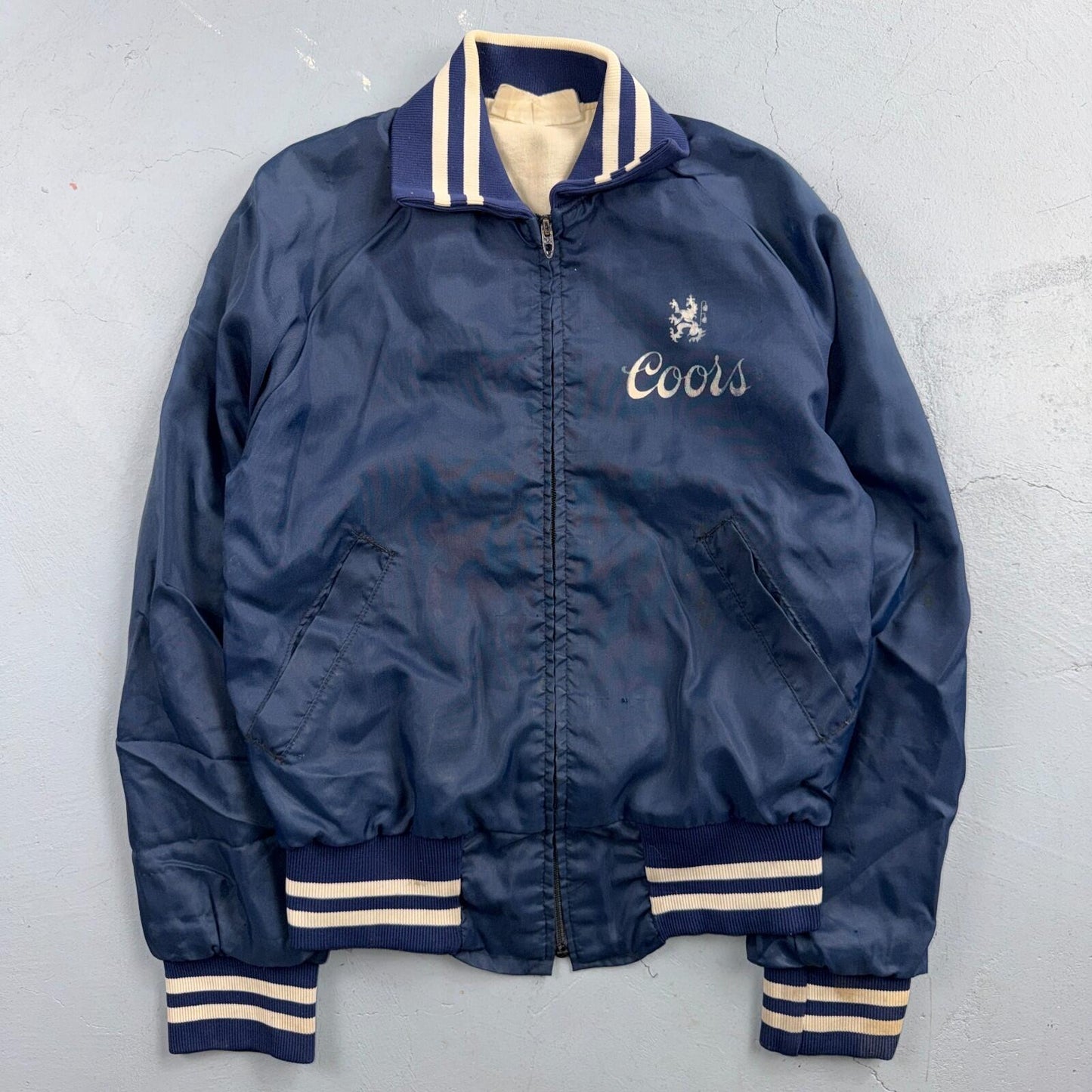 Vtg Coors Light Satin Poly Bomber Jacket Rockabilly Blue USA Talon 1960s 1970s