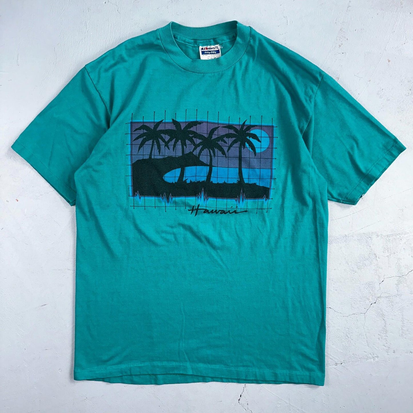Hawaii Graphic Grid 80s Hanes VTG T Shirt 1980s Single Stitch Palm Trees Tropic