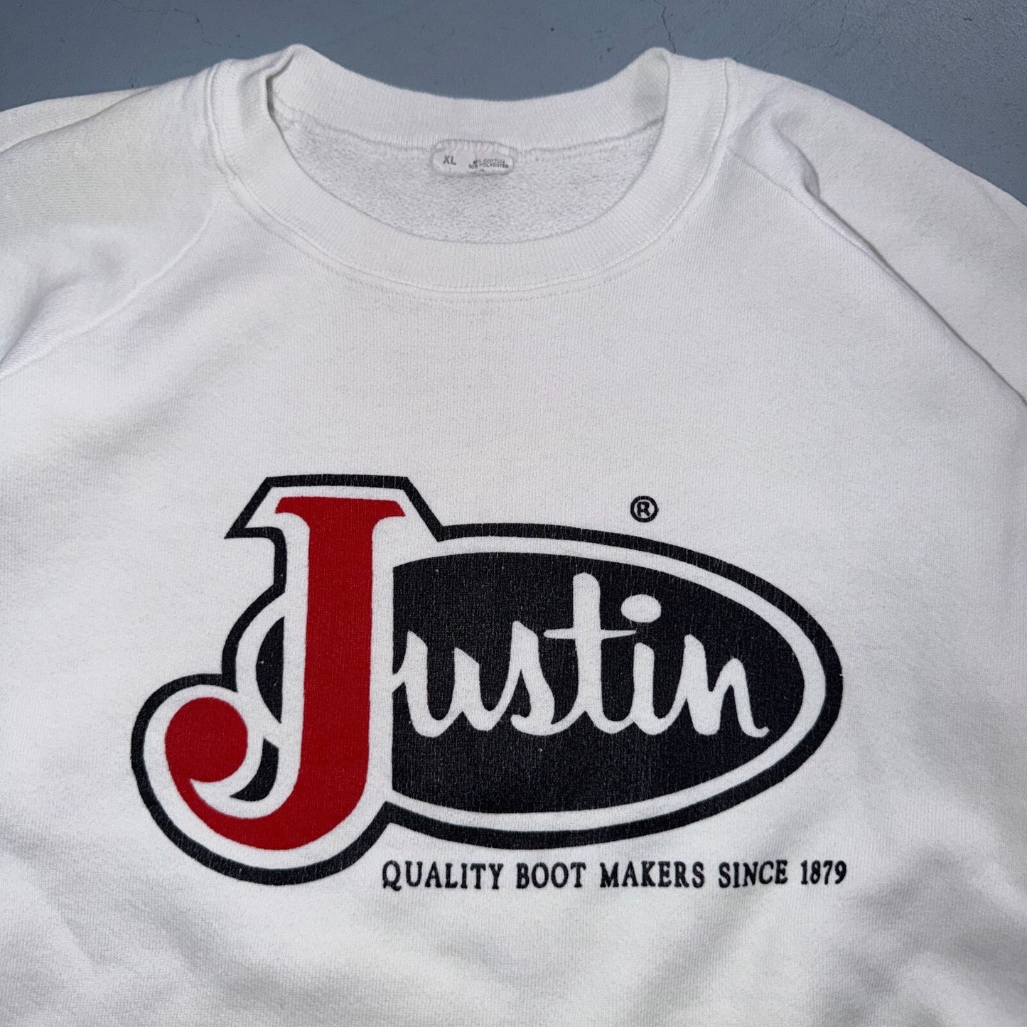 VTG Justin Boots Logo Promo Sweatshirt White Western Cowboy USA XL 1980s 80s
