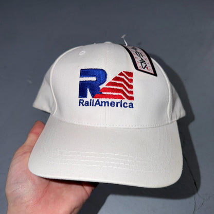 Rail America USA VTG Hat Baseball Cap Snapback Head Gear White Funny Humor Train