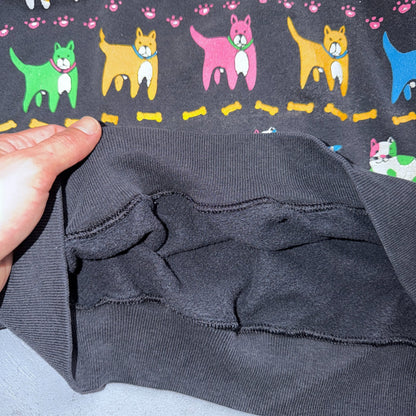 Vintage 90s Cats Dogs Animal Graphic Sweatshirt Black Cute USA One Size Art