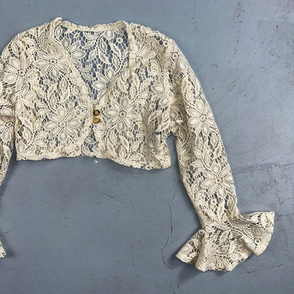 Womens Beige Open Knit Cardigan Sweater Jumper Pullover Size S Lace Crop Top 80s