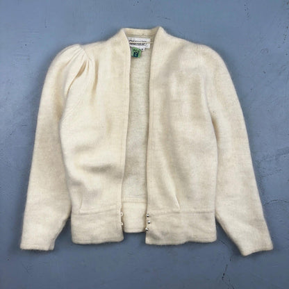 Sideffects Vtg Sweater Size M Cardigan Button Open Front Shag Loop Knit White