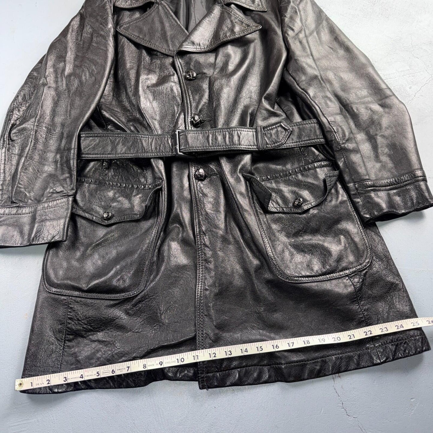 VTG Mens Long Length Vintage Leather Military Duster UNLined Rockabilly 60s Belt