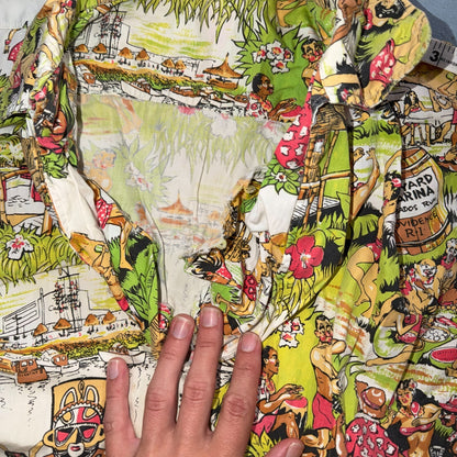 VTG 50s Hawaiian Aloha Shirt Dance Rockabilly Novelty Print Pinup Pin Up Girls