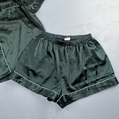 Women's Vintage 80s 2 Piece Poly Pajama Set Buttons Medium Cute Girly Green