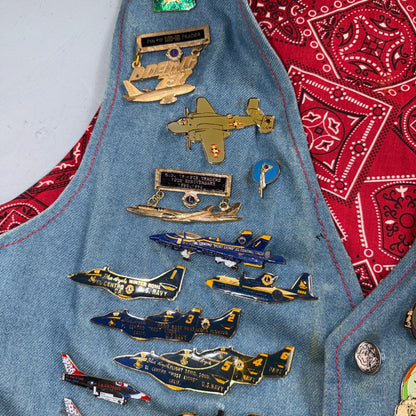 VTG 70s Denim Biker Vest Pins Patches Rare Paisley Hippie Era 1970s Military
