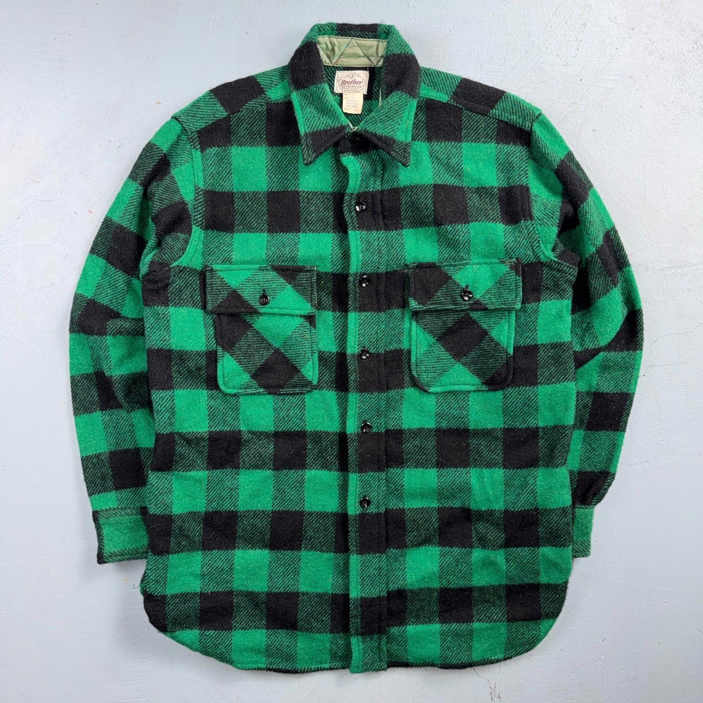 Vintage 1950s Five Brother Green Wool Buffalo Plaid Button Down Shirt Rockabilly