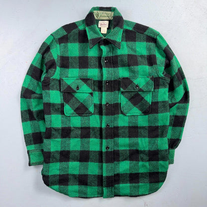 Vintage 1950s Five Brother Green Wool Buffalo Plaid Button Down Shirt Rockabilly