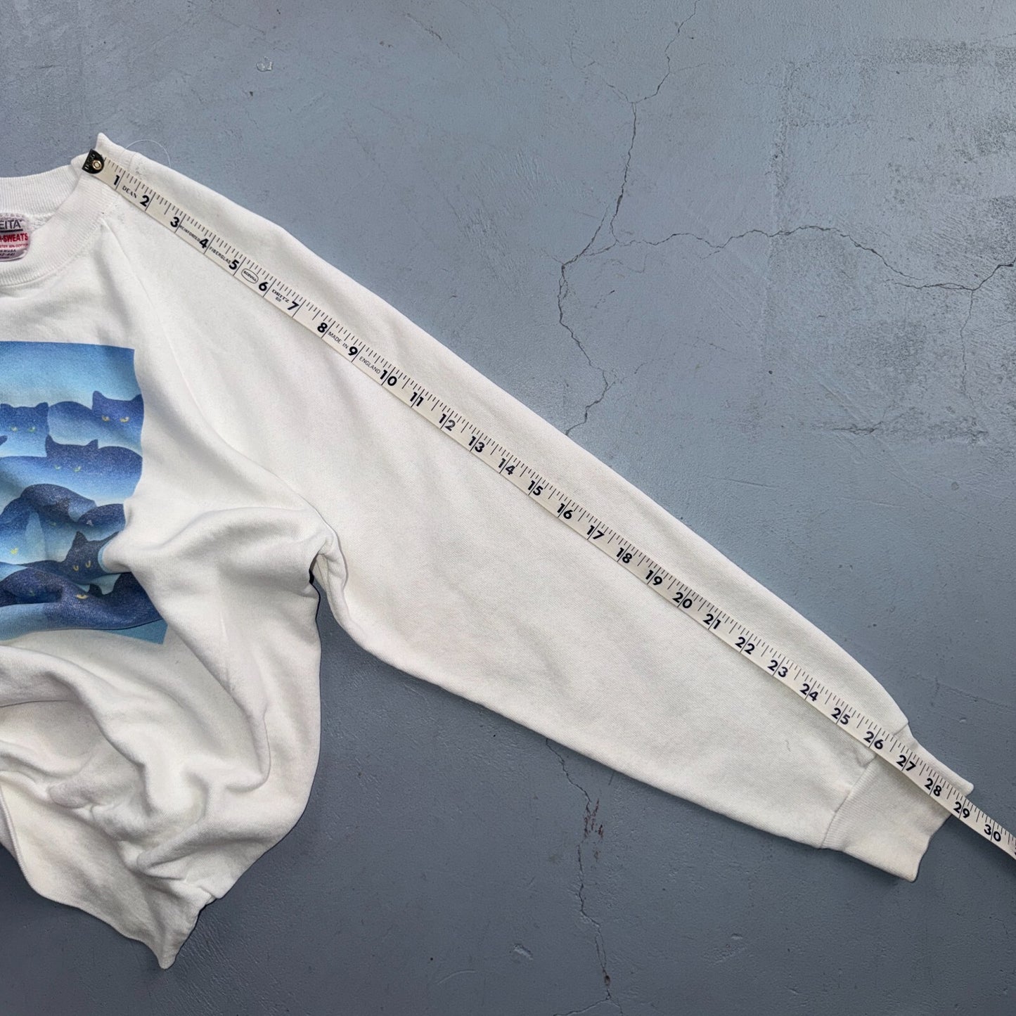 VTG Oneita 90s Blue Black Cats Art Sweatshirt White Graphic Crewneck Pullover