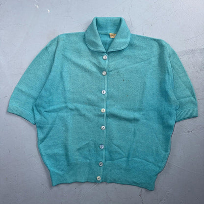 VTG 1940s 1950s Wool Cardigan Sweater Rockabilly Womens Knit Blue Button Rabbit