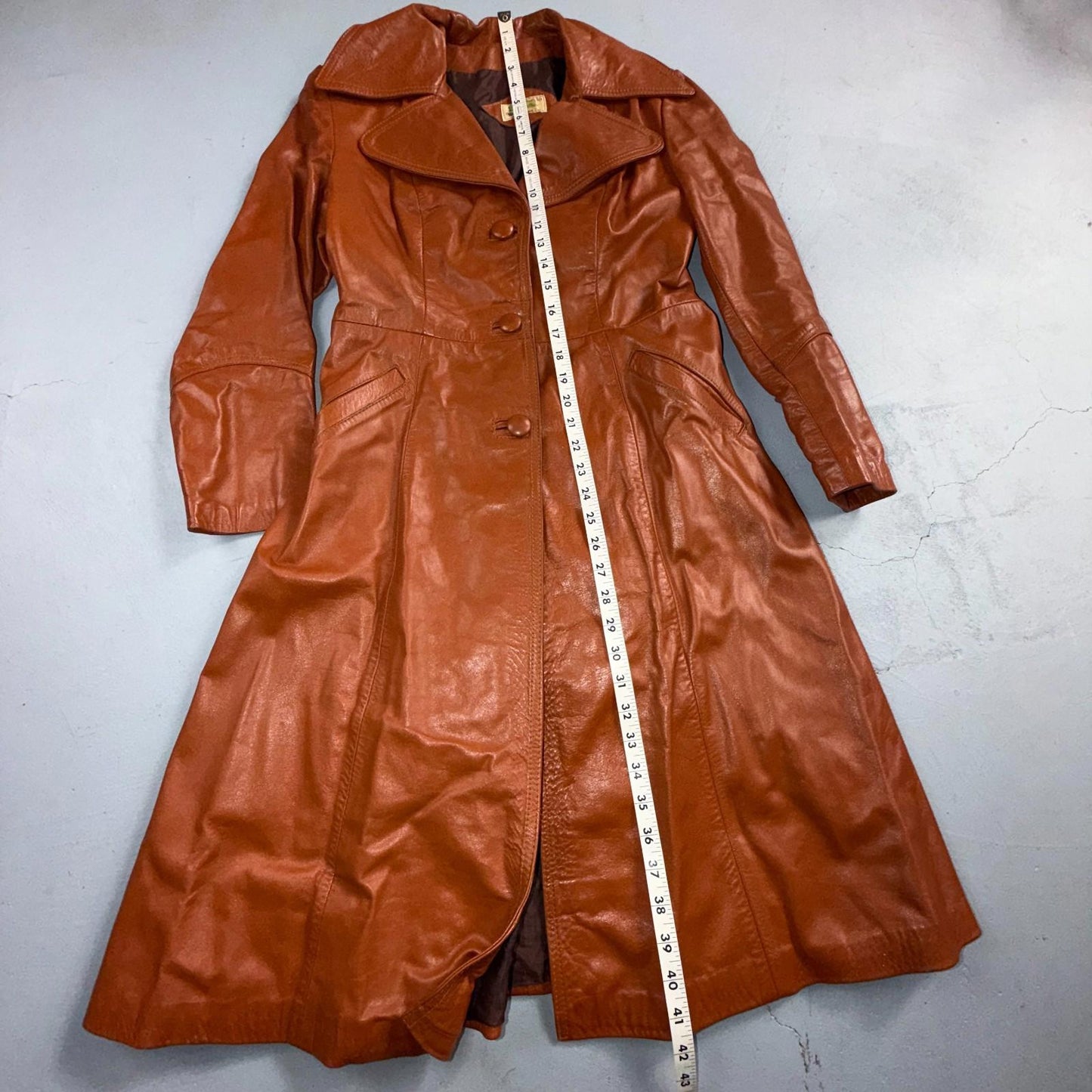 Genuine Leather Womens Brown Blazer Pea Coat Vintage Jacket 70s 80s Long Trench