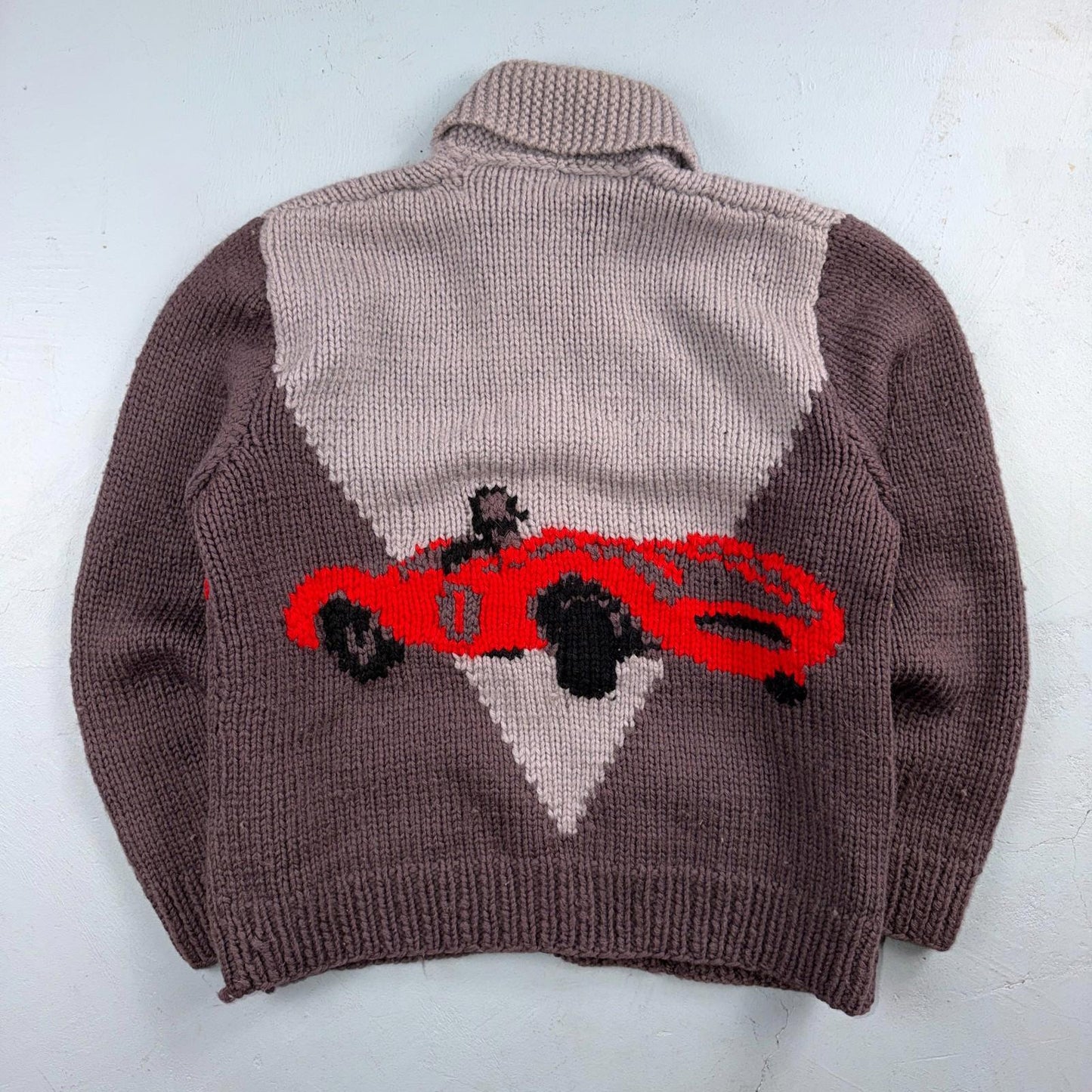 VTG 1950s Hand Knit Wool Cowichan Cardigan Sweater Jacket Race Cars Medium RARE