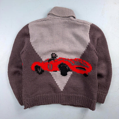 VTG 1950s Hand Knit Wool Cowichan Cardigan Sweater Jacket Race Cars Medium RARE