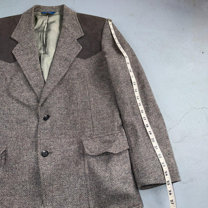 Pendleton Western Blazer Vintage Mens 42L USA Long Wool Gray Tweed Elbow Suede