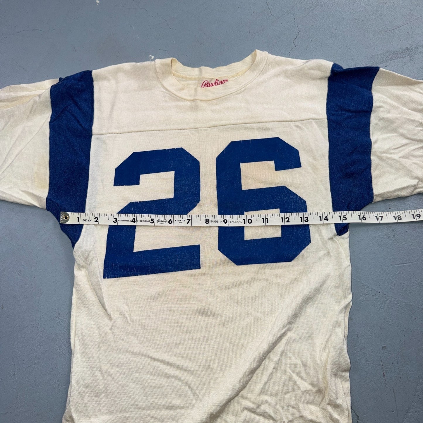 VTG Rawlings Football Jersey 26 White Blue USA Athletic T Shirt 1960s Rockabilly
