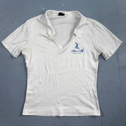 Shore Cliff Pismo Beach California VTG T Shirt 70s USA Womens Basic Polo White