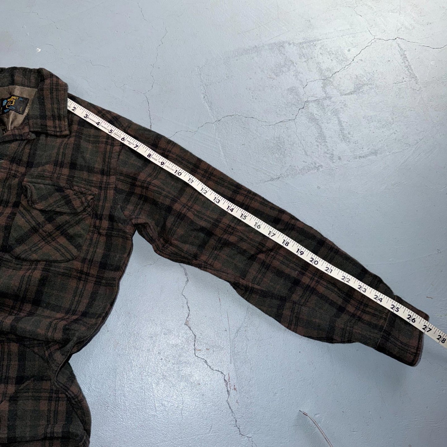 VTG 60s Penneys Shirt Brown Plaid Wool Button Loop Collar Rockabilly 1960s