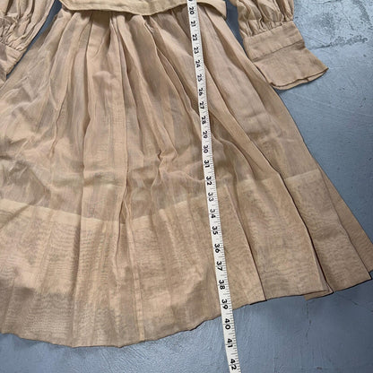 Vintage 1970s Shirtwaist Dress Beige Pleated Skirt Long Sleeve Belted Cute 70s