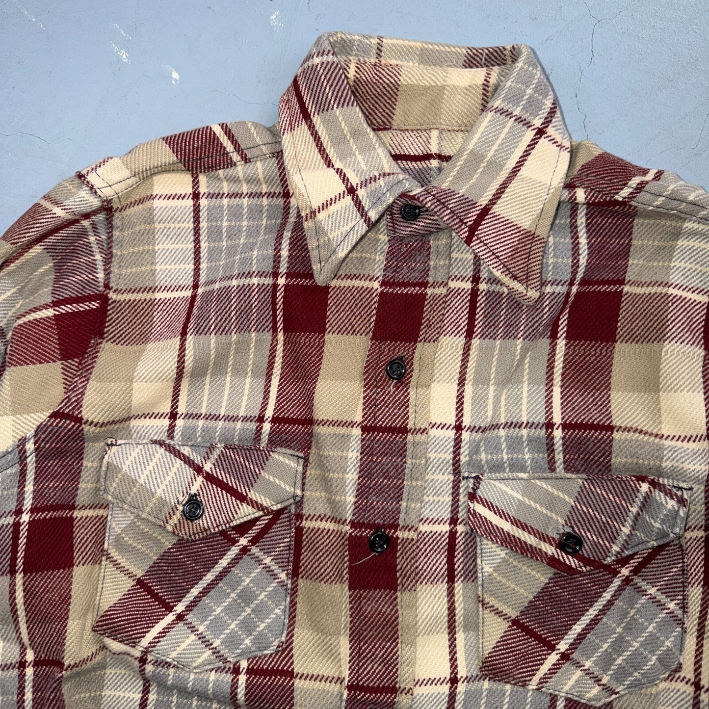 VTG 70s Burgundy Gray Plaid Heavy Flannel Button Shirt Workwear Mens Penneys