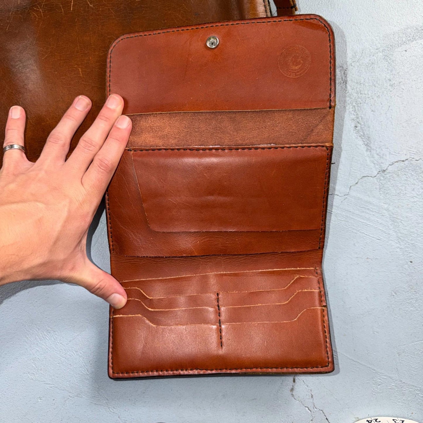 VTG Leather Bag Clutch Western Hand Tooled Leather Purse Saddle Brown Wallet