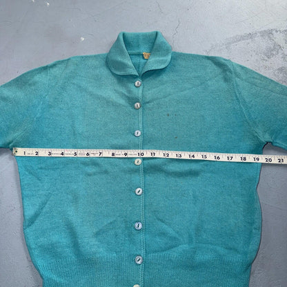 VTG 1940s 1950s Wool Cardigan Sweater Rockabilly Womens Knit Blue Button Rabbit
