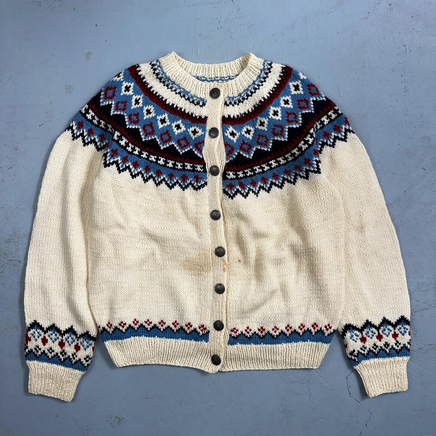 1960s VTG Boho Icelandic Knit Cardigan Large Ivory Red Wool Chunky Grandma Core