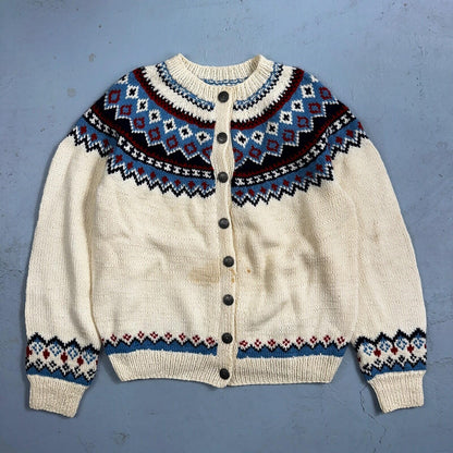 1960s VTG Boho Icelandic Knit Cardigan Large Ivory Red Wool Chunky Grandma Core