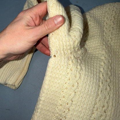 Penneys 1950s Wool Sweater Cream Shawl Collar Heritage Fisherman Knit Rockabilly
