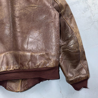 VTG WWII Horsehide Leather Zip Up Bomber Jacket Fur Collar 40s 50s A2 Civilian
