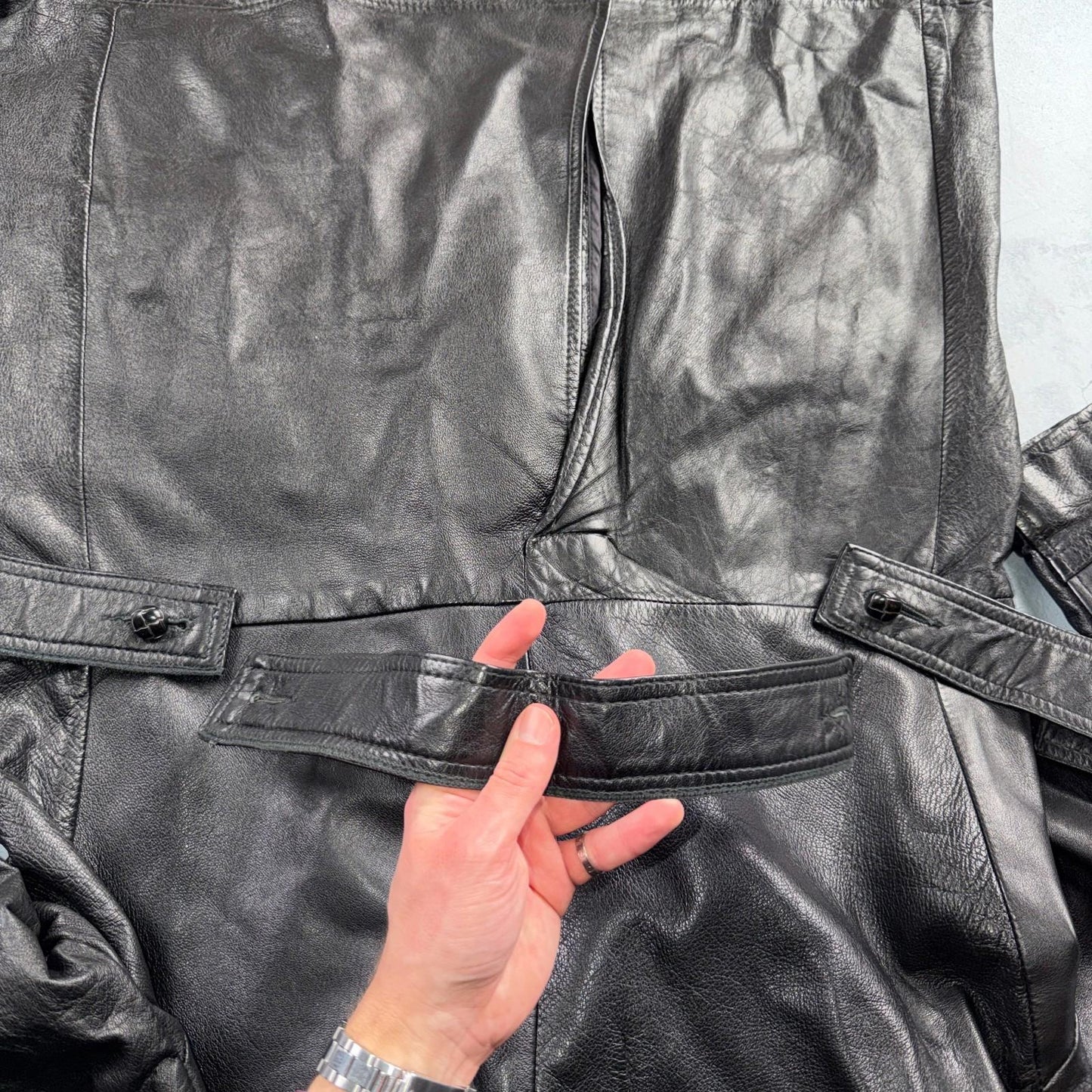 VTG Mens Long Length Vintage Leather Military Duster UNLined Rockabilly 60s Belt