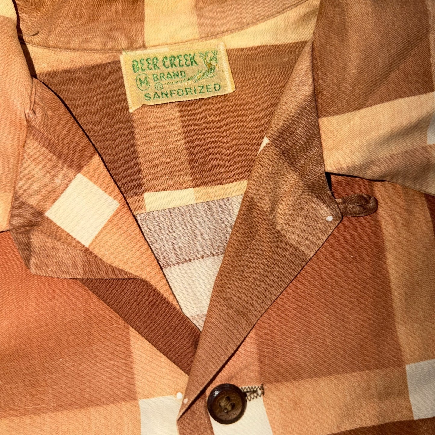 VTG 40s Deer Creek Brown Plaid Loop Collar Button Shirt Rockabilly Sanforized