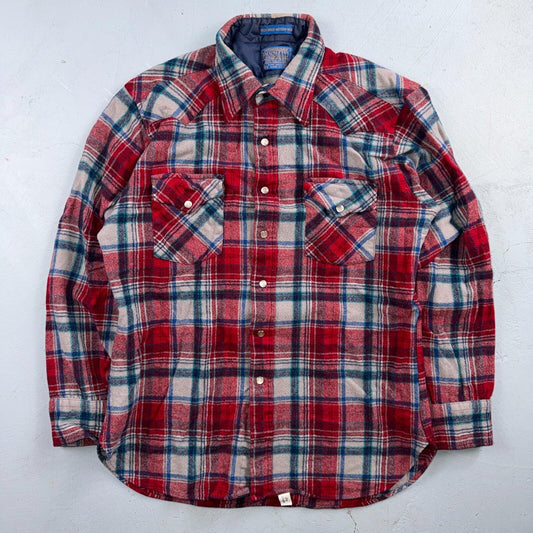 Pendleton VTG 100% Virgin Wool Western Plaid Shirt Pearl Snap Red High Grade