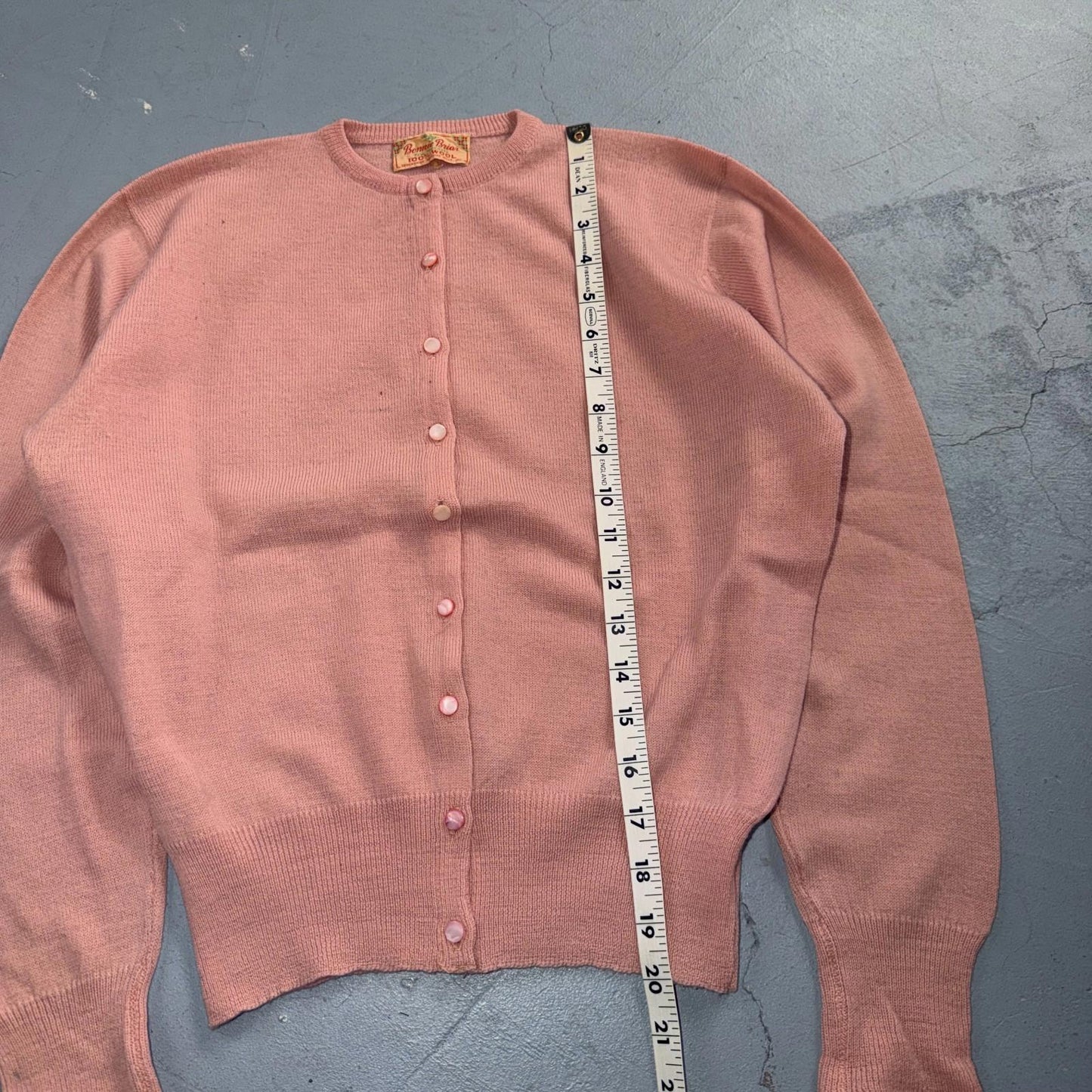 VTG 1940s 1950s Wool Cardigan Sweater Rockabilly Womens Knit Pink Bonnie Brian