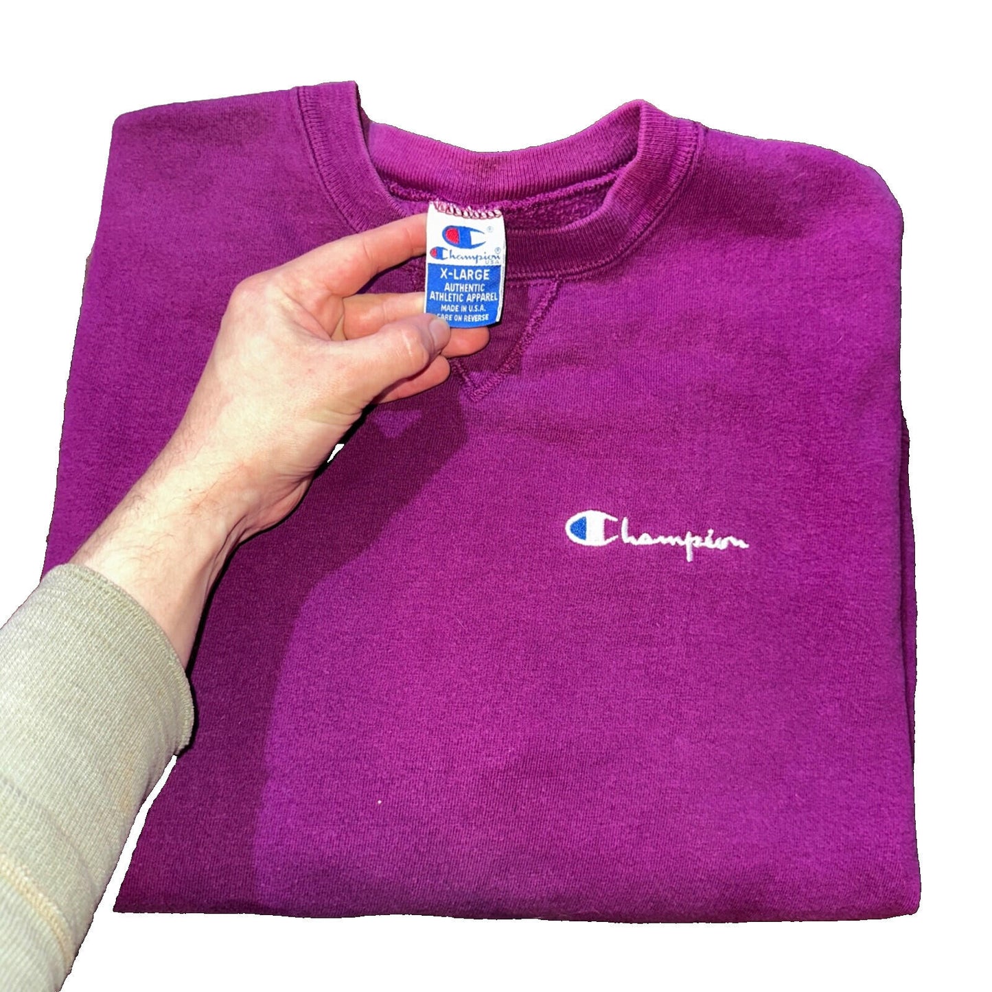 Champion Vintage XL 90s USA Purple Weave Sweatshirt Blank 80s Jumper Sweater