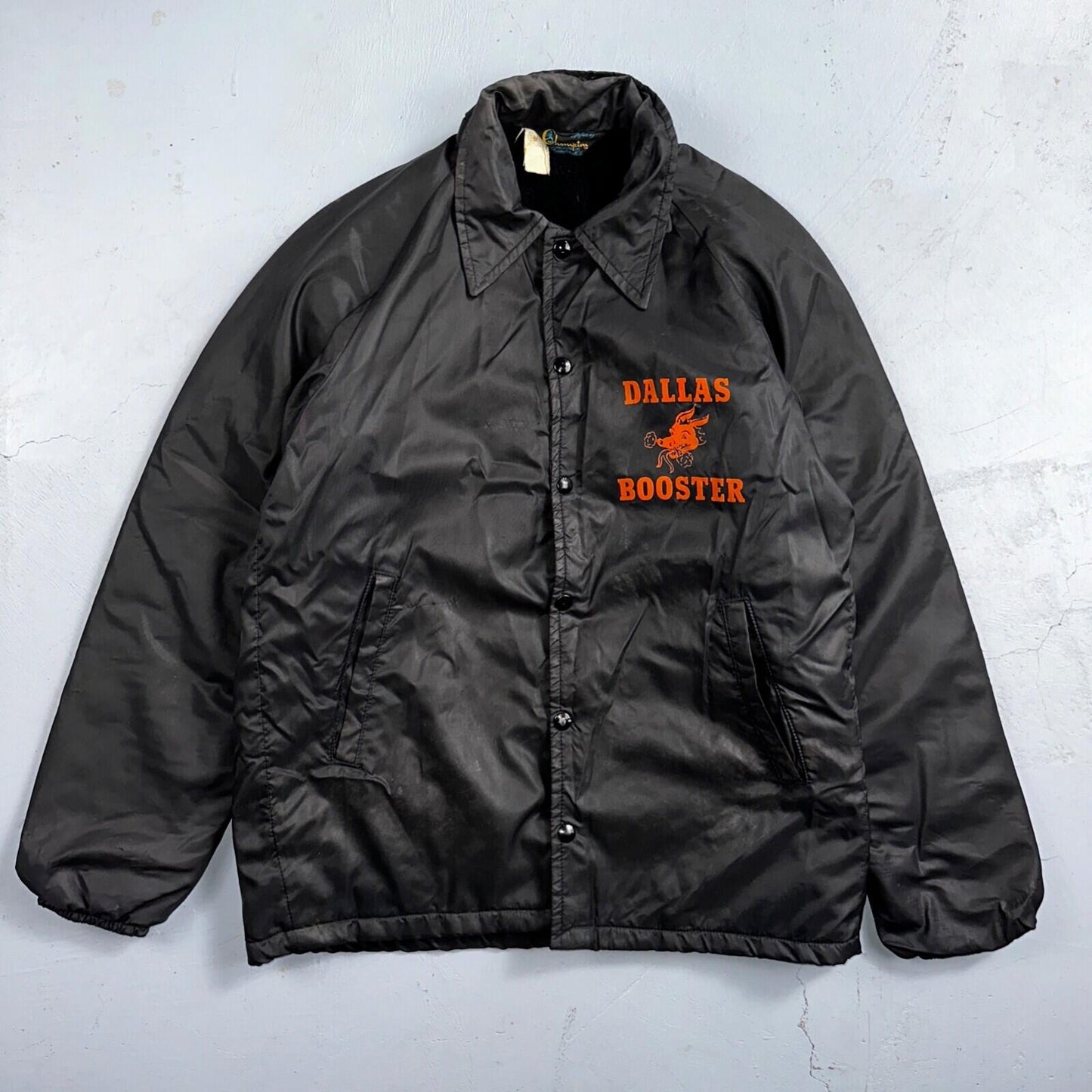 Champion Rare Vintage 70s Button Up Black Coach Windbreaker Lined Dallas Booster
